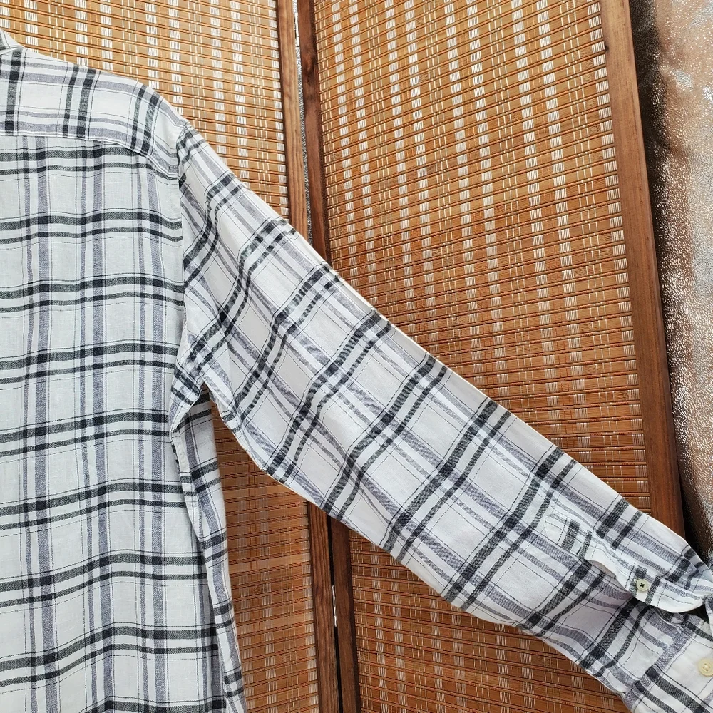 ♧ Banana Republic Camden Fit Linen Plaid Button Down Shirt Size XL White Black